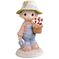 Boy In Overalls With Candy Canes in Flower Pot - Precious Moments 730130